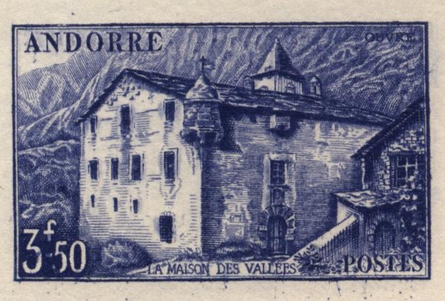 Fr_Andorra_1944_Yvert_106a-Scott_unadopted_3f50_Maison_des_Vallees_blue_a_AP_detail