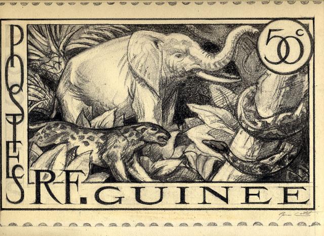 Fr_Guinea_1938_Yvert_135a-Scott_unadopted_50c_elephant_and_panther_MAQ