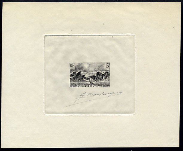Polinesia_Oceanie_1948_Yvert_182a-Scott_160_unissued_15f_pirogue_and_bay_black_AP