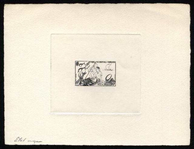 Fr_West_Africa_1954_Yvert_49a-Scott_60_unissued_10f_hunting_and_fishing_1er_etat_black_ba_AP