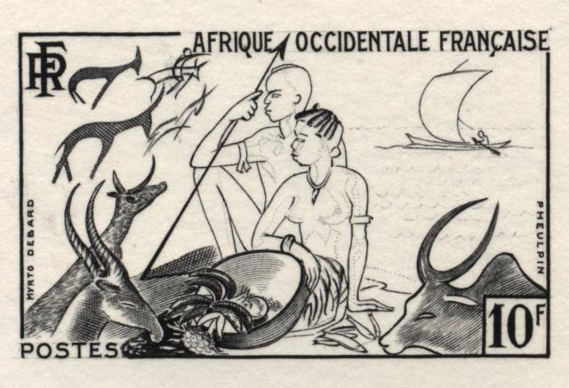 Fr_West_Africa_1954_Yvert_49a-Scott_60_unissued_10f_hunting_and_fishing_1er_etat_black_ba_AP_detail
