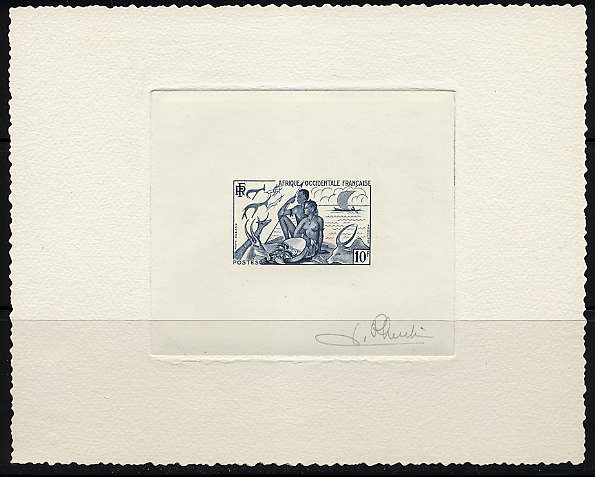 Fr_West_Africa_1954_Yvert_49a-Scott_60_unissued_10f_hunting_and_fishing_blue_AP