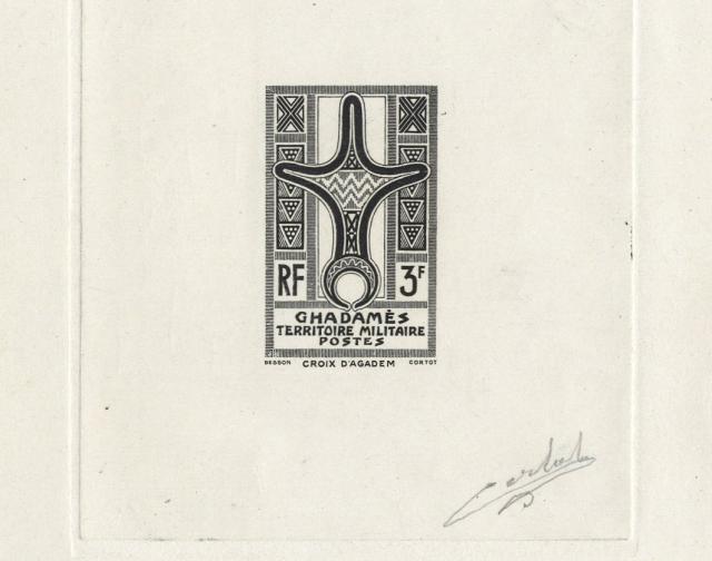 Ghadames_1949_Yvert_1a-Scott_1_unadopted_3f_Agades_Cross_black_AP_detail