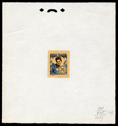 Indochina_Kouang-Tcheou_1923_Yvert_69a-Scott_unissued_black_overprint_604_blue_101_+_black_608_background_2024_typo_CP