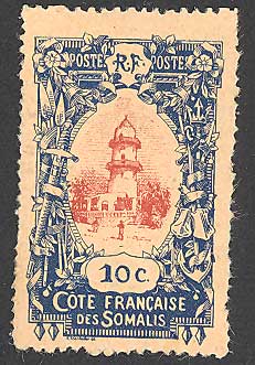 Somali_Coast_1915_Yvert_87a-Scott_unadopted_10c_mosque_by_Montader_blue_+_red_typo_US