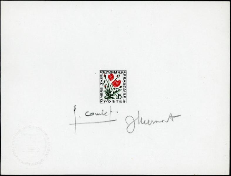 France_1964_Yvert_Taxe_97-Scott_black_+_dark-green_+_red_typo_a