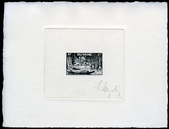 Fr_Guyana_1947_Yvert_207a-Scott_198_unadopted_2f_canoe_black_AP