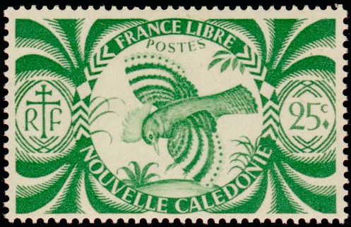 N_Caledonia_1943_Yvert_232-Scott_25c_France_Libre_Cagou_bird_IS