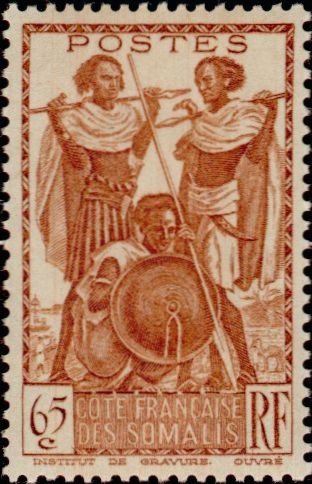 Somali_Coast_1938_Yvert_160-Scott_162_65c_warriors_IS