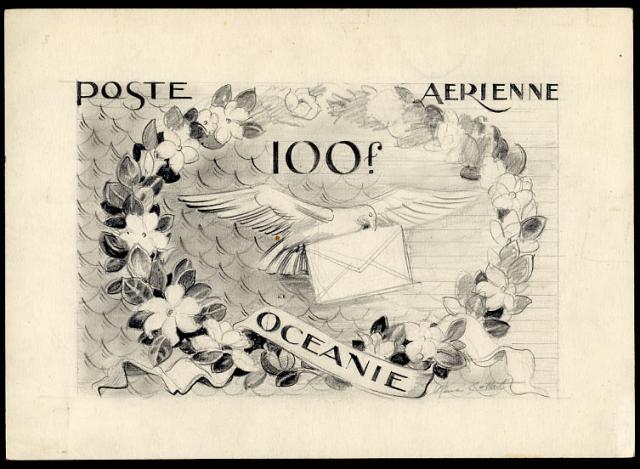 Polinesia_Oceanie_1948_Yvert_PA27a-Scott_C18_unadopted_100f_dove_and_mail_MAQ