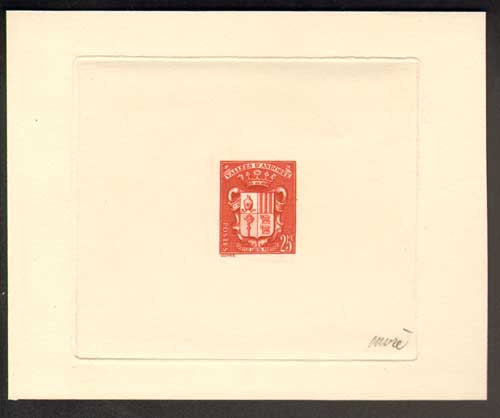 Fr_Andorra_1937_Yvert_53a-Scott_71_unadopted_25f_Armoires_des_Vallees_red-brown_AP