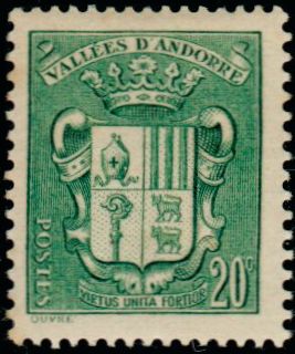 Fr_Andorra_1937_Yvert_53-Scott_71_20f_Armoires_des_Vallees_IS