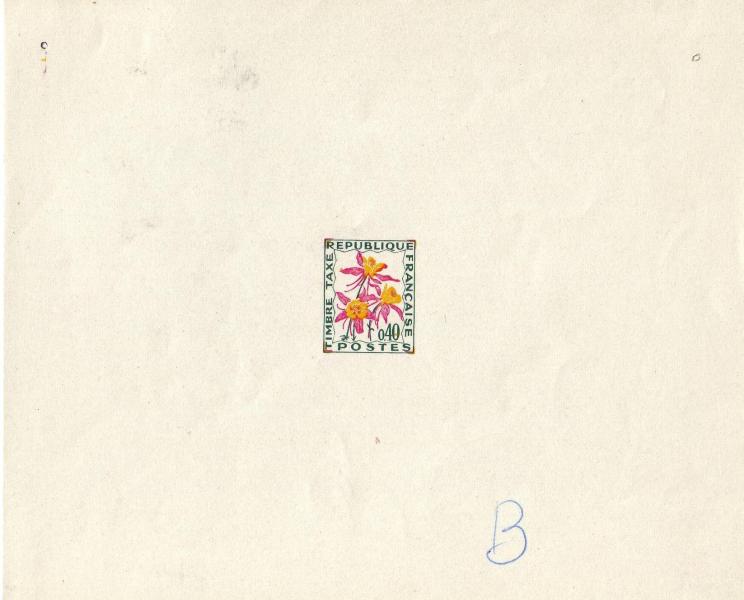 France_1971_Yvert_Taxe_100-Scott_dark-green_+_lilac-red_+_yellow_typo