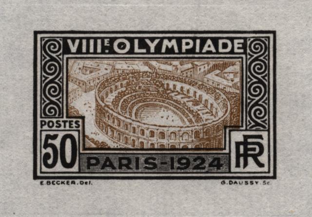 France_1924_Yvert_186a-Scott_201_unadopted_Jeux_Olympiques_Paris_50c_black_+_brown_typo_AP_detail