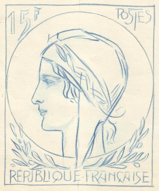 France_1953_Yvert_unadopted_15f_Marianne_de_Spitz_Type_a_Stage_1_MAQ_detail_a