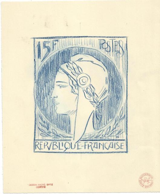 France_1953_Yvert_unadopted_15f_Marianne_de_Spitz_Type_a_Stage_2_MAQ