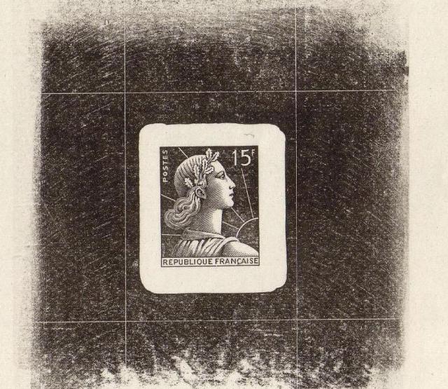 France_1955_Yvert_1011a-Scott_753_unadopted_Marianne_de_Muller_15f_premier_projet_black_typo_cb_AP_detail