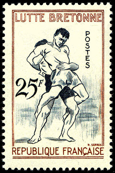 France_1958_Yvert_1164-Scott_886_lutte_bretonne_a_IS