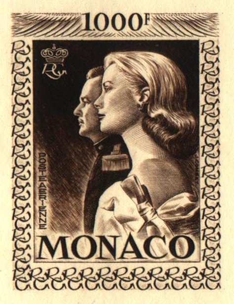 Monaco_1959_Yvert_PA72b-Scott_C55_unadopted_1000f_Grace_et_Rainier_III_maigre_dark-brown_a_AP_detail