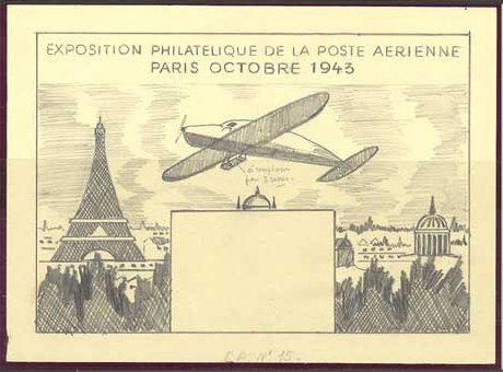 France_1943_Yvert-Scott_f_unadopted_Exposition_Philatelique_plane_over_Paris_MAQ