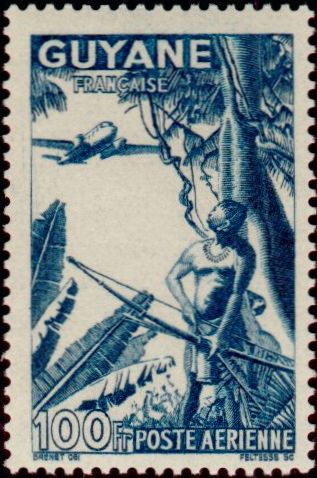Fr_Guyana_1944_Yvert_PA25-Scott_C8_native_and_plane_IS