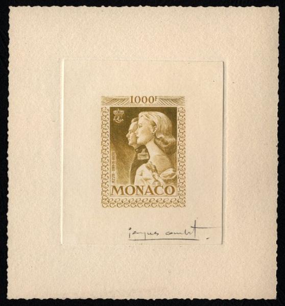Monaco_1959_Yvert_PA72b-Scott_C55_unadopted_1000f_Grace_et_Rainier_III_maigre_brown-yellow_AP