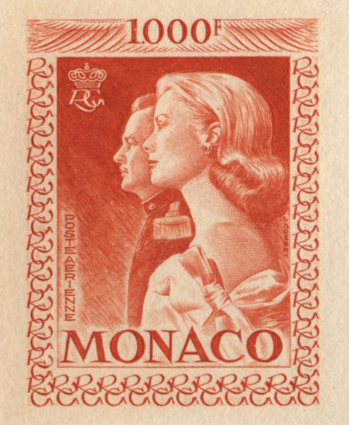 Monaco_1959_Yvert_PA72b-Scott_C55_unadopted_1000f_Grace_et_Rainier_III_maigre_orange-red_a_AP_detail