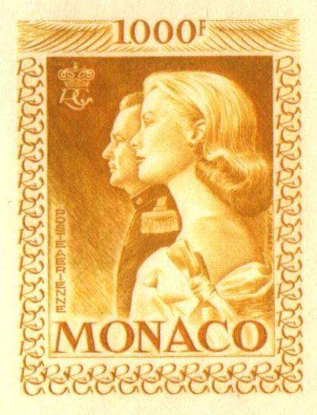Monaco_1959_Yvert_PA72b-Scott_C55_unadopted_1000f_Grace_et_Rainier_III_maigre_orange-yellow_a_AP_detail