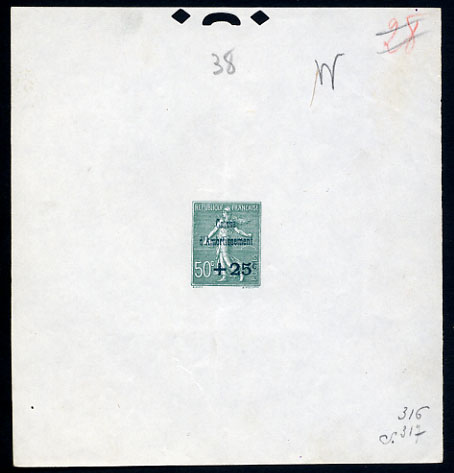 France_1927_Yvert_247a-Scott_B25_Semeuse_unadopted_black_overprint_green_S_316_317_typo_CP