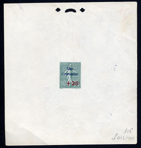 France_1927_Yvert_247a-Scott_B25_Semeuse_unadopted_blue_+_red_overprint_green_316_S_412_101_typo_CP