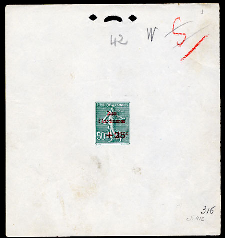 France_1927_Yvert_247a-Scott_B25_Semeuse_unadopted_red_overprint_green_S_316_412_typo_CP