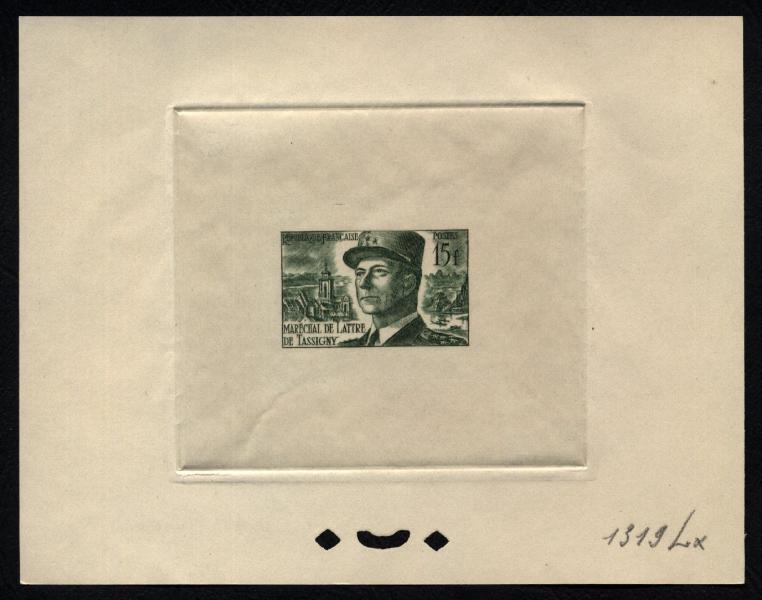 France_1952_Yvert_920b-Scott_675b_unadopted_Marechal_de_Lattre_Type_II_green_1319_Lx_aa_ATP