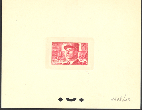 France_1952_Yvert_920b-Scott_675b_unadopted_Marechal_de_Lattre_Type_II_red_1408_Lx_ab_CP