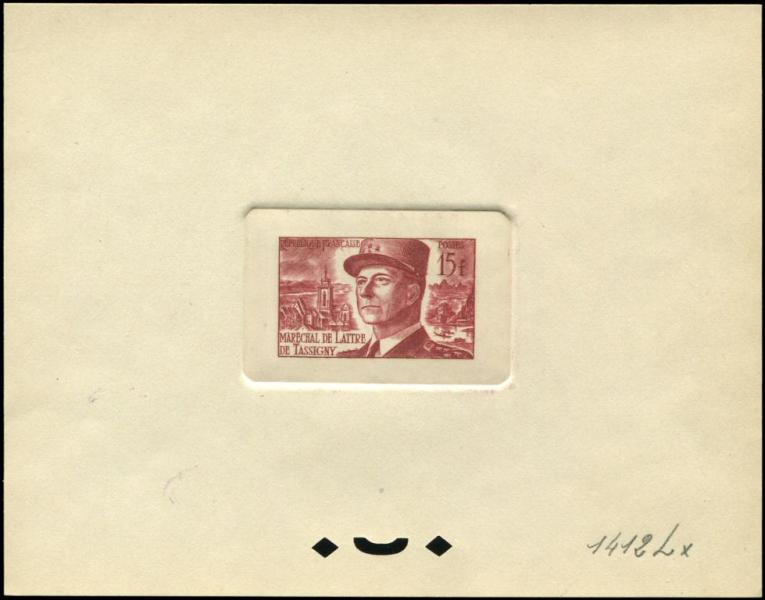 France_1952_Yvert_920b-Scott_675b_unadopted_Marechal_de_Lattre_Type_II_red_1412_Lx_CP