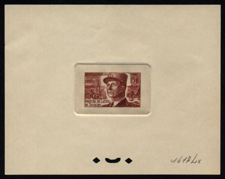 France_1952_Yvert_920b-Scott_675b_unadopted_Marechal_de_Lattre_Type_II_red_1417_Lx_ba_CP