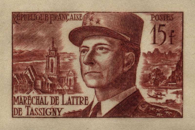 France_1952_Yvert_920b-Scott_675b_unadopted_Marechal_de_Lattre_Type_II_red_1417_Lx_ba_CP_detail