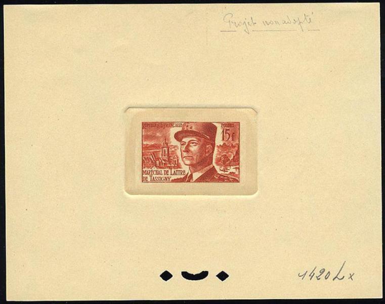 France_1952_Yvert_920b-Scott_675b_unadopted_Marechal_de_Lattre_Type_II_red_1420_Lx_a_CP