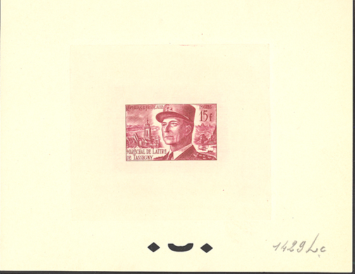 France_1952_Yvert_920b-Scott_675b_unadopted_Marechal_de_Lattre_Type_II_red_1429_Lc_d_ATP