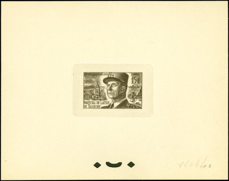 France_1952_Yvert_920b-Scott_675b_unadopted_Marechal_de_Lattre_Type_II_sepia_1604_Lx_b_CP