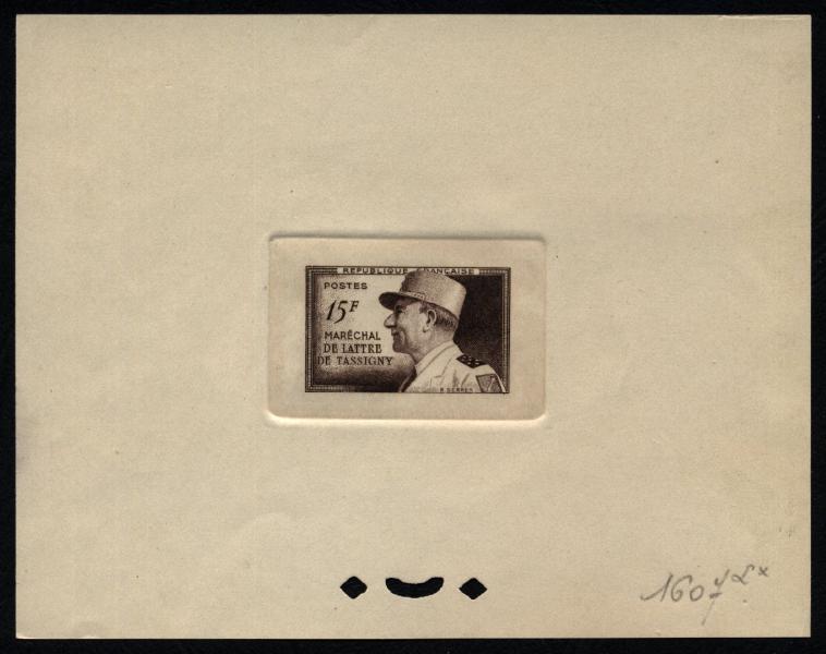 France_1952_Yvert_920a-Scott_675a_unadopted_Marechal_de_Lattre_Type_I-b_sepia_1607_Lx_aa_CP