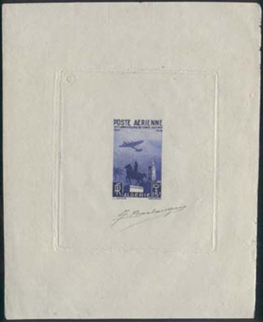 Algeria_1949_Yvert_PA13a-Scott_CB3_unadopted_10f_+_15f_avion_statue_et_mosquee_blue-violet_b_AP