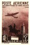 Algeria_1949_Yvert_PA13a-Scott_CB3_unadopted_10f_+_15f_avion_statue_et_mosquee_lilac-brown1_AP_detail