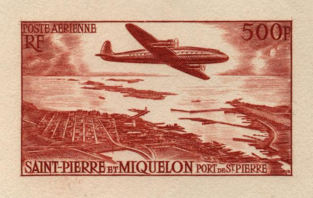St_Pierre_1956_Yvert_PA23a-Scott_C20_unadopted_plane_red-brown_aa_AP_detail