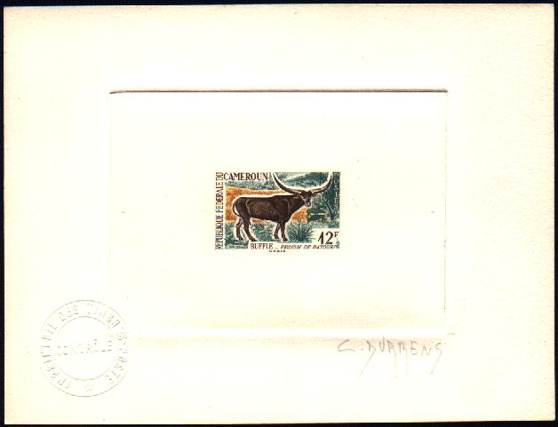 Cameroun_1962_Yvert_348a-Scott_367_unadopted_12f_Buffle_dark-green_+_dark-brown_+_brown1_AP