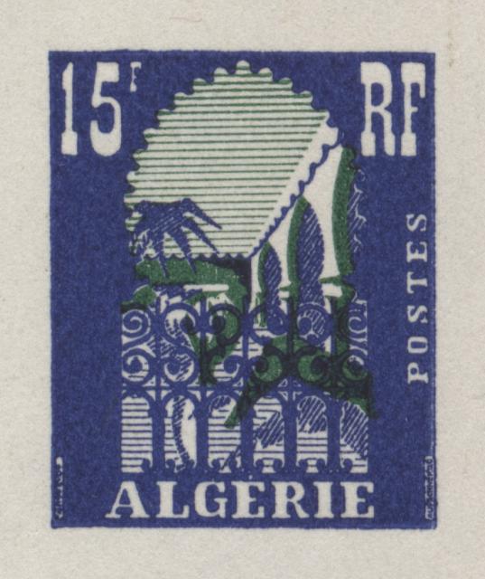 Algeria_1954_Yvert_314a-Scott_258_unadopted_15f_Musee_du_Bardo_blue_117_Lc_green_303_Lc_typo_CP_detail