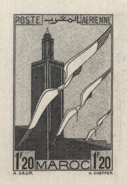 Morocco_1939_Yvert_PA44a-Scott_C21_unissued_1f20_Storks_and_Minaret_black_AP_detail