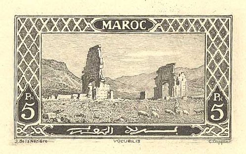 Morocco_1917_Yvert_78a-Scott_70_unissued_5ptas_Volubilis_ruins_black_AP_detail