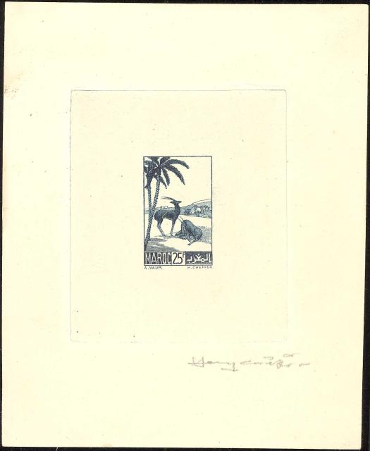 Morocco_1945_Yvert_237a-Scott_unissued_engraved_25f_gazelles_dark-blue_AP