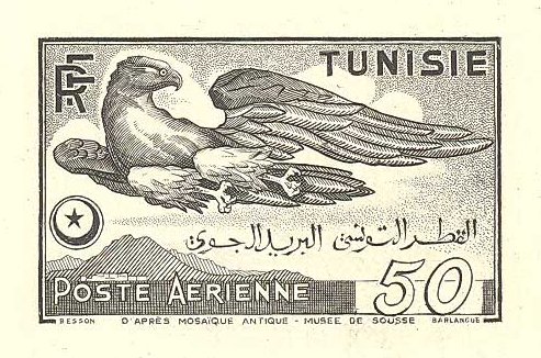Tunisia_1950_Yvert_PA14a-Scott_C15_unadopted_50f_Sousse_Eagle_black_AP_detail
