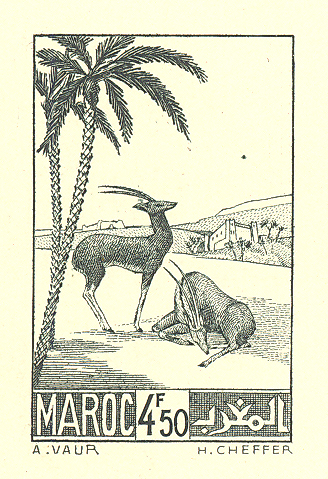 Morocco_1939_Yvert_196a-Scott_173_unissued_engraved_4f50_gazelles_deep-green_AP_detail